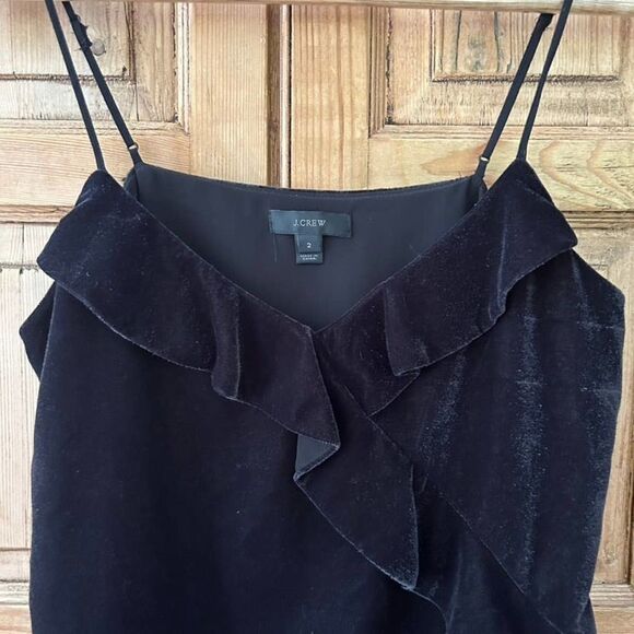 Women's J. Crew 2 Black Going Out Tank Top Velvet Adjustable Straps Ruffle - Picture 2 of 9